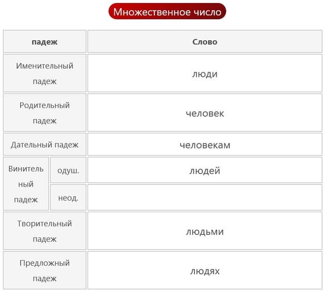 Склонение слова «люди» по падежам